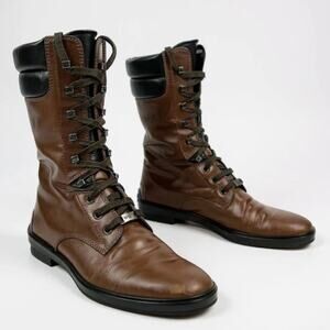 Tod’s Women’s Lace Up Leather Boots Oval Toe Brown Black Size 9.5 Designer Rare